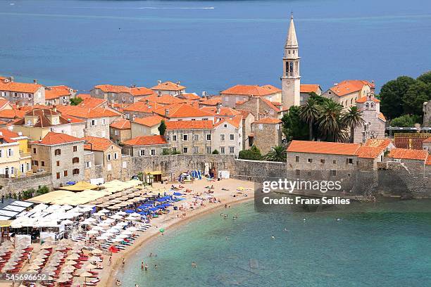 stari grad (old town) and beach of budva, montenegro - budva stock pictures, royalty-free photos & images