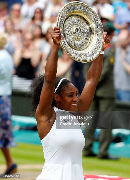 Serena Williams of USA celebrates after vies with Angelique Kerber of Germany in the women's singles finals match on day twelve of the 2016 Wimbledon...