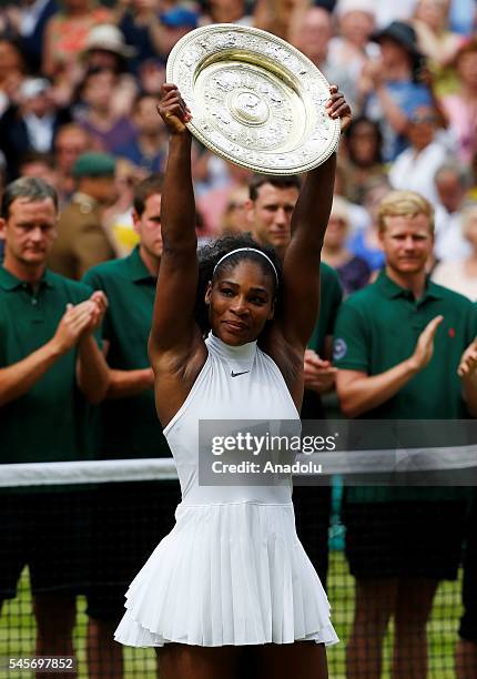 Serena Williams of USA celebrates after vies with Angelique Kerber of Germany in the women's singles finals match on day twelve of the 2016 Wimbledon...