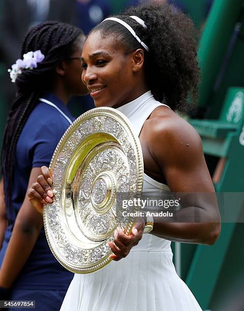 Serena Williams of USA celebrates after vies with Angelique Kerber of Germany in the women's singles finals match on day twelve of the 2016 Wimbledon...