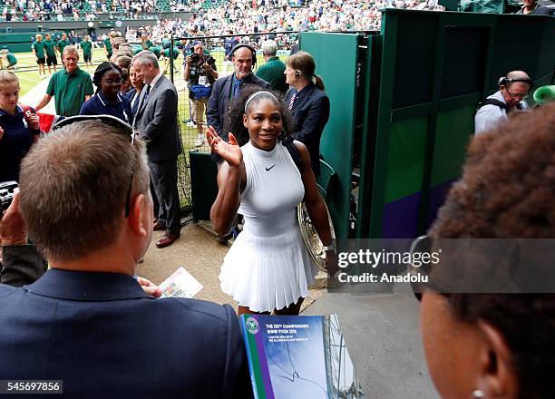 Serena Williams of USA celebrates after vies with Angelique Kerber of Germany in the women's singles finals match on day twelve of the 2016 Wimbledon...