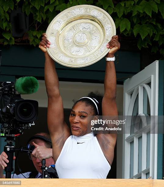 Serena Williams of USA celebrates after vies with Angelique Kerber of Germany in the women's singles finals match on day twelve of the 2016 Wimbledon...