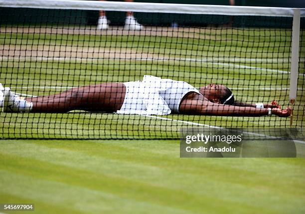 Serena Williams of USA celebrates after vies with Angelique Kerber of Germany in the women's singles finals match on day twelve of the 2016 Wimbledon...