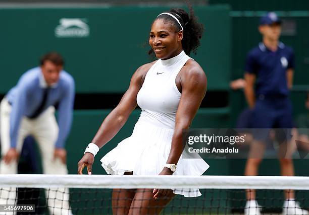 Serena Williams of USA celebrates after vies with Angelique Kerber of Germany in the women's singles finals match on day twelve of the 2016 Wimbledon...