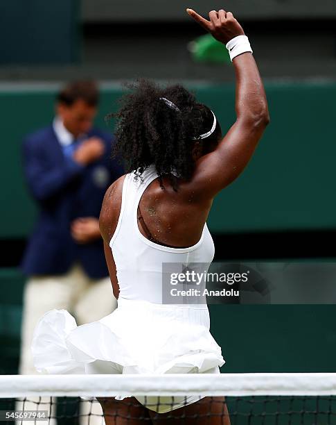 Serena Williams of USA celebrates after vies with Angelique Kerber of Germany in the women's singles finals match on day twelve of the 2016 Wimbledon...