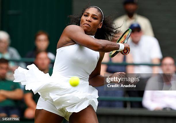 Serena Williams of USA in action against Angelique Kerber of Germany in the women's singles finals match on day twelve of the 2016 Wimbledon...