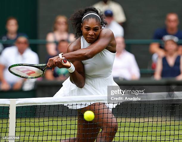 Serena Williams of USA in action against Angelique Kerber of Germany in the women's singles finals match on day twelve of the 2016 Wimbledon...