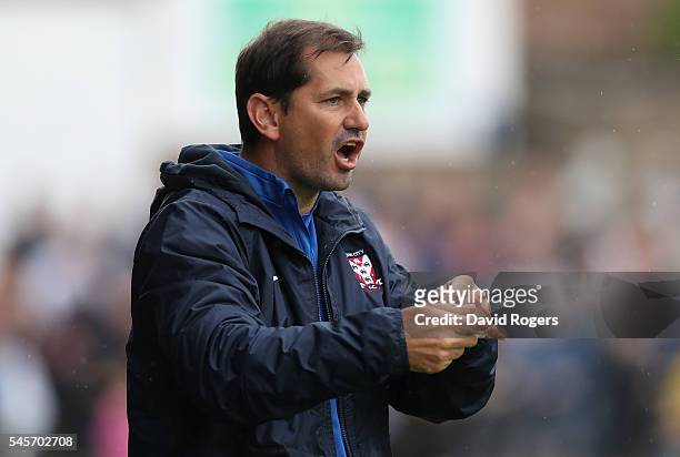 Jackie McNamara the York City manager shouts instructions during the pre season friendly match between York City and Middlesbrough at Bootham...
