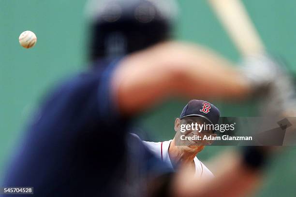 Rick Porcello of the Boston Red Sox delivers in the first inning of the game against the Tampa Bay Rays at Fenway Park on July 9, 2016 in Boston,...