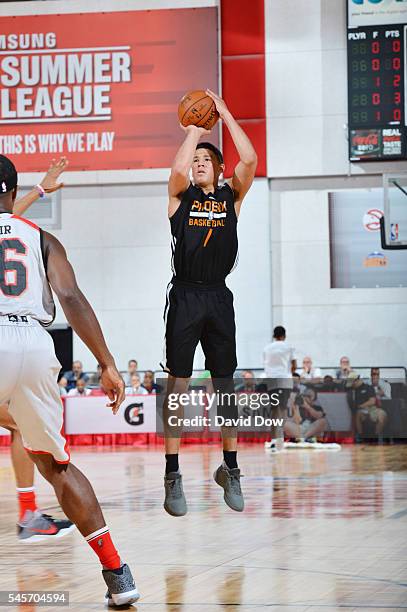 Devin Booker of the Phoenix Suns shakes shoots the ball against the Portland Trail Blazers during the 2016 NBA Las Vegas Summer League game on July...