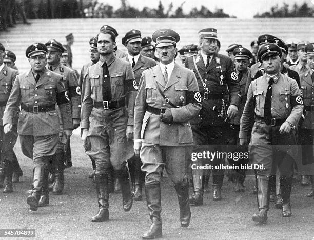Germany, Third Reich - Nuremberg Rally 1935 Nazi leaders arriving at the rally ground| from the right: Robert Ley, the head of the German Labour...
