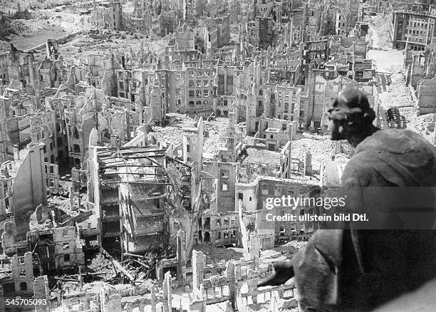 World War II, Germany, DRESDEN: General view from the tower of the city hall after the allied bomb attacks on February 13/14 Photograph by Foto Frost