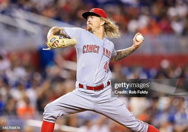 John Lamb of the Cincinnati Reds pitches during the game against the Miami Marlins at Marlins Park on July 9, 2016 in Miami, Florida.