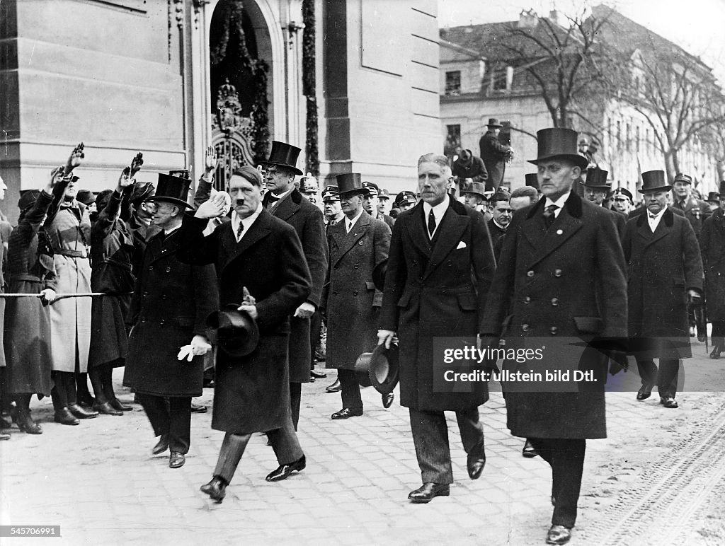 Third Reich , opening of the Reichstag, 'Day of Potsdam' 21.03.1933:The members of the new cabinet on their way to the Garnison-church . First Line chancellor Adolf Hitler and to his right vice-chancellor Franz von Papen; behind Joseph Goebbels (half