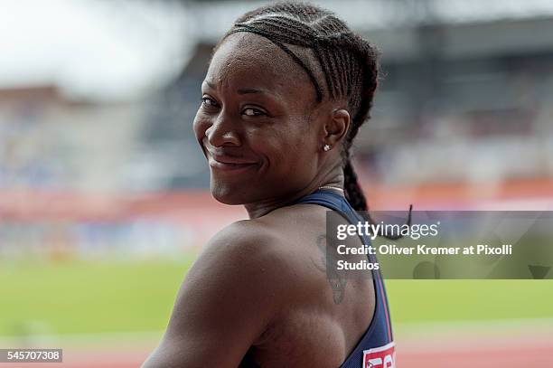 Antoinette Nana Djimou of France smiling during the long jump of the women's heptathlon finals at the Olympic Stadium during Day-4 of the 23rd...