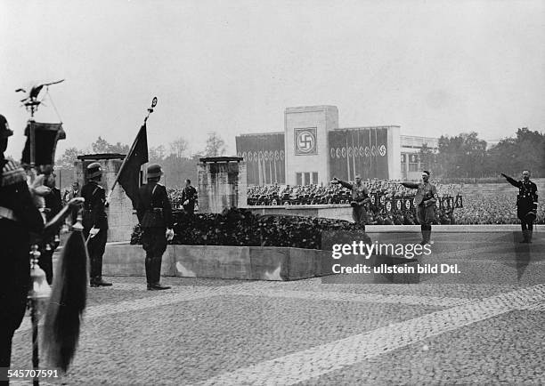 Germany, Third Reich - Nuremberg Rally 1937 Scene of the commemoration ceremony for 'those who fell for the movement'; 2nd from right is Hitler;