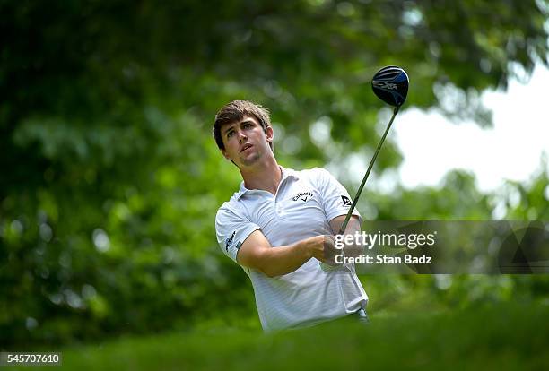 Ollie Schniederjans hits a drive on the 18th hole during the third round of the Web.com Tour LECOM Health Challenge at Peek'n Peak Rst, Upper Course...