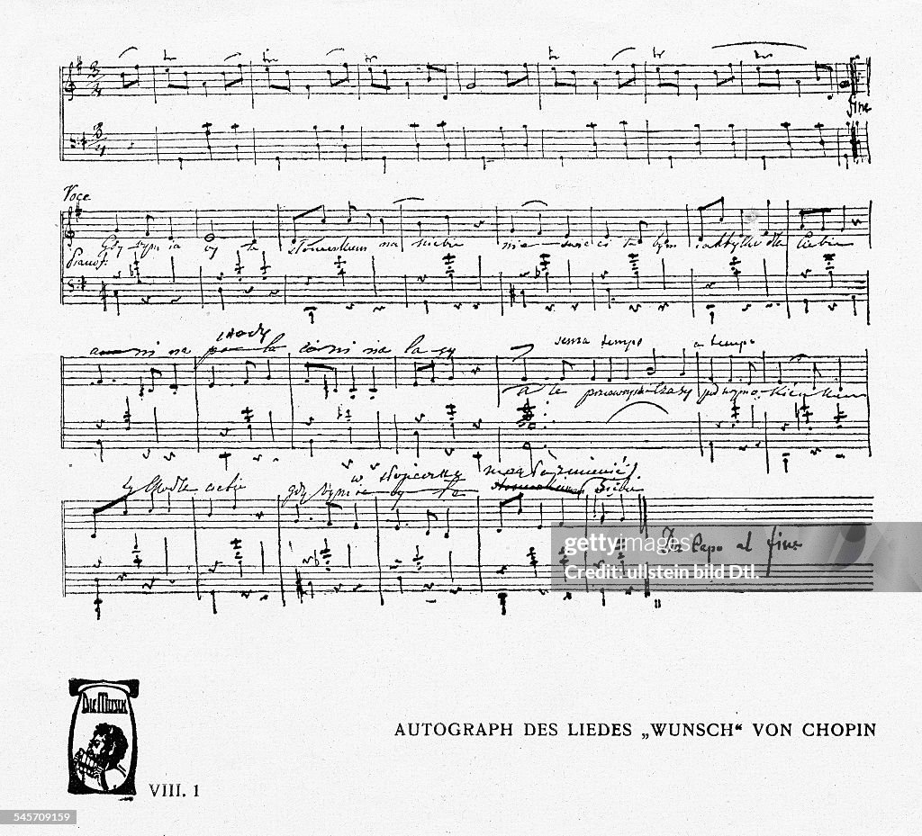 Frederic CHOPIN, *1810-1849+, Polish composer - Autograph of Chopin's "Girl's Desire" (opus 74,1) 1829