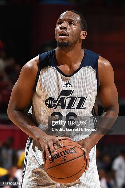 Dionte Christmas of Utah Jazz shoots a free throw during the game against the Washington Wizards during the 2016 NBA Las Vegas Summer League on July...