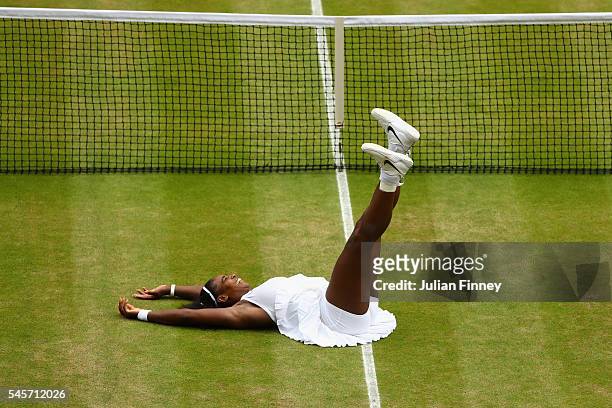 Serena Williams of The United States celebrates victory following The Ladies Singles Final against Angelique Kerber of Germany on day twelve of the...