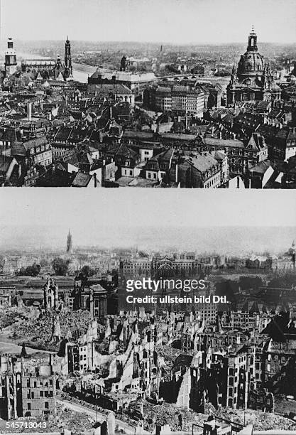 Dresden vor und nach dem Bombenangriff vom Februar 1945: Blick vom Rathausturm in Richtung Elbe. Rechts die Frauenkirche,links Schlossturm und...