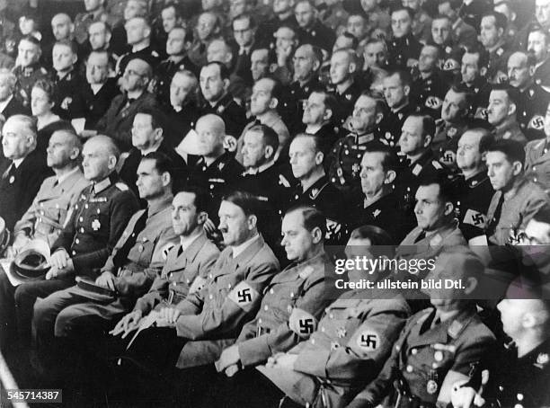 Germany, Third Reich - NSDAP Nuremberg Rally 1936 Audience during the cultural congress in the opera house; from the right: Heinrich Himmler, Viktor...