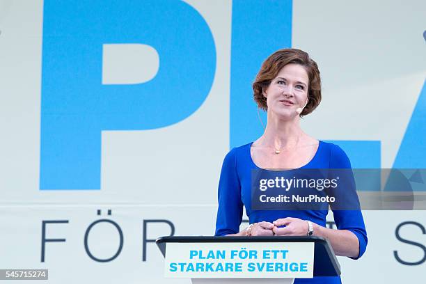 Anna Kinberg Batra, leader for Sweden's conservative party Moderaterna, holds a speech at Almedalen Week in Visby on July 9 2016, announcing her...