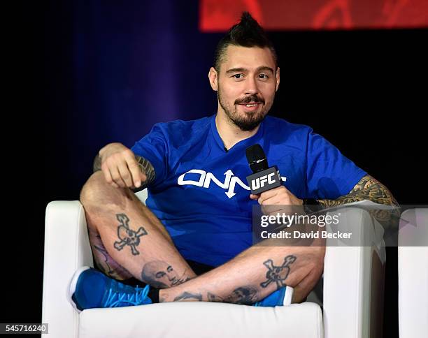 Mixed martial artist Dan Hardy speaks during a panel discussion at the UFC Fan Expo at the Las Vegas Convention Center on July 9, 2016 in Las Vegas,...