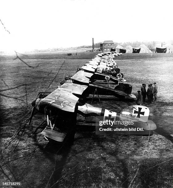 German Albatros D.III fighter aircraft squadron at an airfield on the Western Front