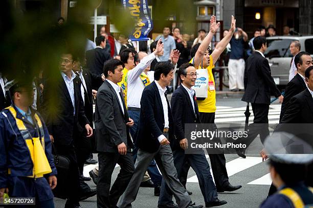 Japanese Prime Minister Shinzo Abe, president of the ruling Liberal Democratic Party arrive in the venue to deliver speech and support his candidate...