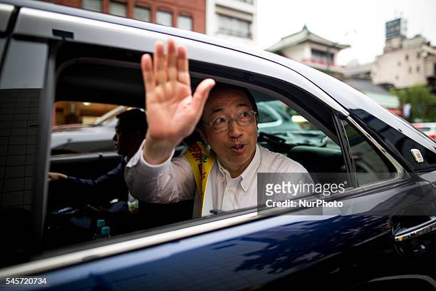 Masaharu Nakagawa a candidate from Liberal Democratic Party waves to supporters after the speech during the last day of 2016 Upper House election...