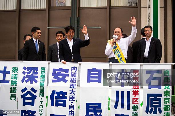Masaharu Nakagawa a candidate from Liberal Democratic Party deliver his campaign speech during the last day of 2016 Upper House election campaign...