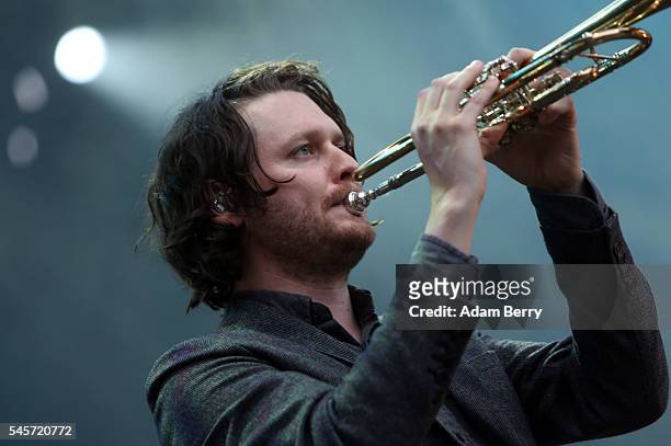 Zach Condon of Beirut performs during a concert at Zitadelle Spandau on July 9, 2016 in Berlin, Germany.