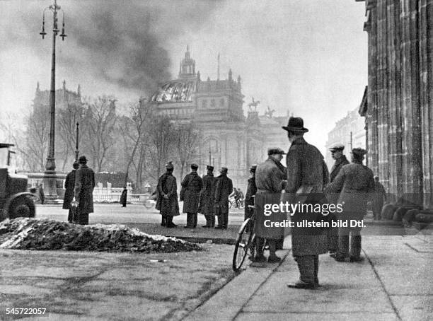 Third Reich, burning of the Reichstag: The Reichstag building on the morning of . Also available in color. Image Number 622566