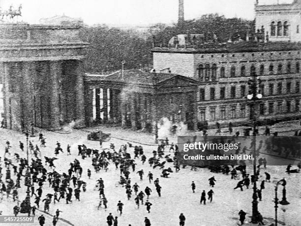 Germany, Weimar Republic Kapp Putsch Putschists shooting at demonstrators at Brandenburg Gate when leaving Berlin; about 12 people had been killed. -