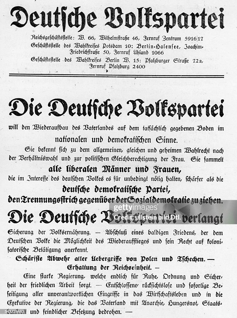 Germany, Weimar Republic Front page of a pamphlet of the German People's Party - probably 1919