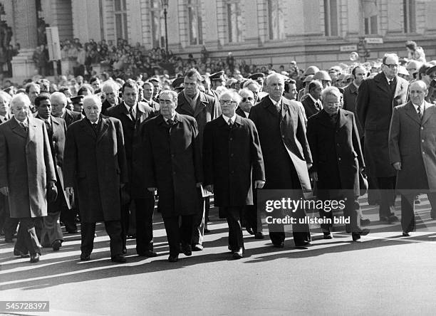 German Democratic Republic Eastern Bloc leaders on their way to a wreath laying ceremony at the Memorial on the Unter den Linden Boulevard in East...