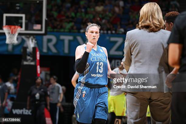 Lindsay Whalen of the Minnesota Lynx celebrates against the Dallas Wings during a WNBA game on July 9, 2016 at Target Center in Minneapolis,...