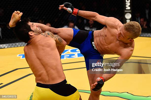 Didllashaw kicks Raphael Assuncao of Brazil in their bantamweight bout during the UFC 200 event on July 9, 2016 at T-Mobile Arena in Las Vegas,...