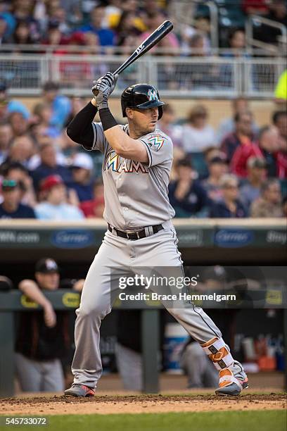 Chris Johnson of the Miami Marlins bats against the Minnesota Twins on June 7, 2016 at Target Field in Minneapolis, Minnesota. The Twins defeated the...