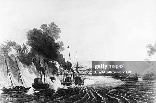 Mexico Mexican-American War Taking of Tabasco by the US Navy under Commodore M. E. Perry - after a lithograph by Lt. H. Walke - 1847