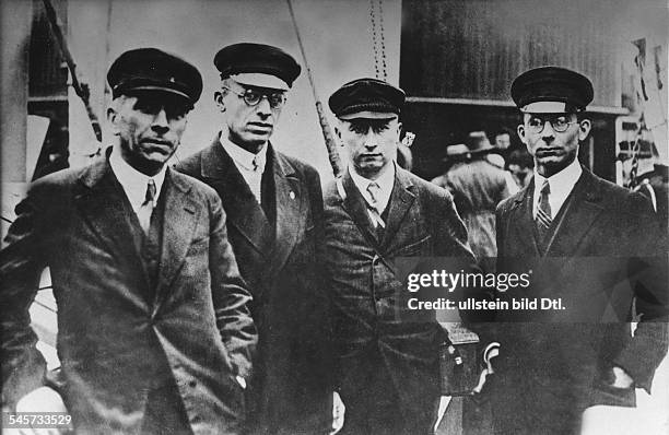 Left to right: Alfred Wegener and his colleagues, Fritz L¸we, Johannes Georgi, and Ernst Sorge. Photographed before Wegener's final expedition to...