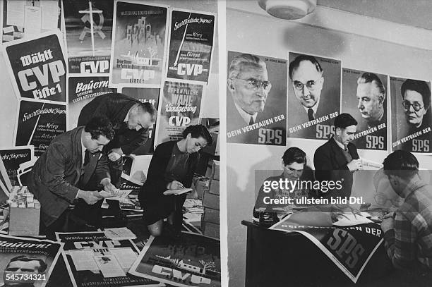 Plakatflut in einem Büro der CVP Bild rechts: Das Hauptquartier der SPS;an der Wand hängen Plakate von RichardKirn, Zimmer, Braun und Schiffgens-...