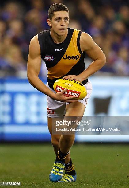 Jason Castagna of the Tigers in action during the 2016 AFL Round 16 match between the Western Bulldogs and the Richmond Tigers at Etihad Stadium on...