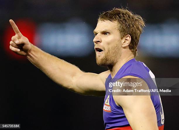 Jake Stringer of the Bulldogs celebrates a goal during the 2016 AFL Round 16 match between the Western Bulldogs and the Richmond Tigers at Etihad...