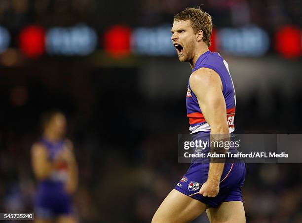 Jake Stringer of the Bulldogs celebrates a goal during the 2016 AFL Round 16 match between the Western Bulldogs and the Richmond Tigers at Etihad...