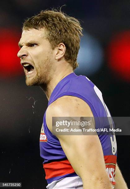 Jake Stringer of the Bulldogs celebrates a goal during the 2016 AFL Round 16 match between the Western Bulldogs and the Richmond Tigers at Etihad...