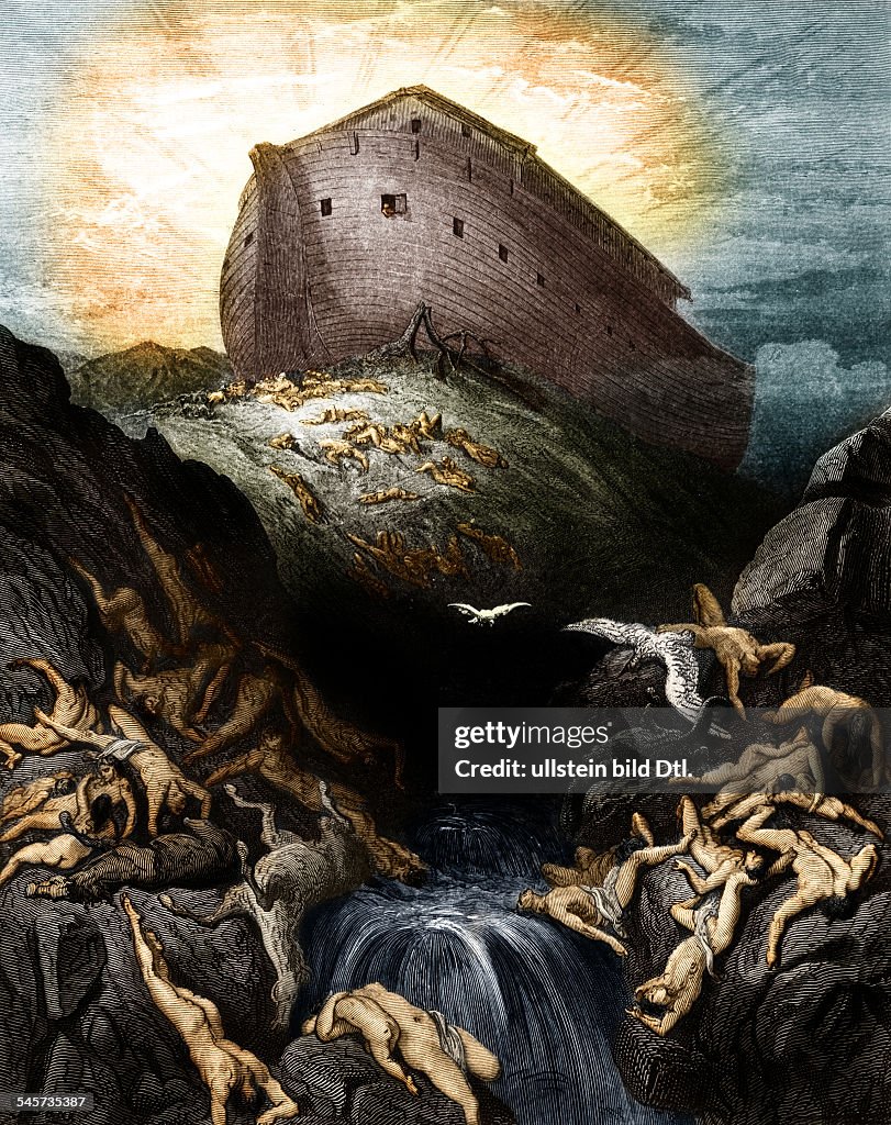 Religion, Christianity, Bible, Old Testament, After the Great Flood: a dove is sent forth from Noah's Ark - wood engraving by Pannemaker after Gustav DoreDigitally colorized. Original: image no 00725566 - 1866