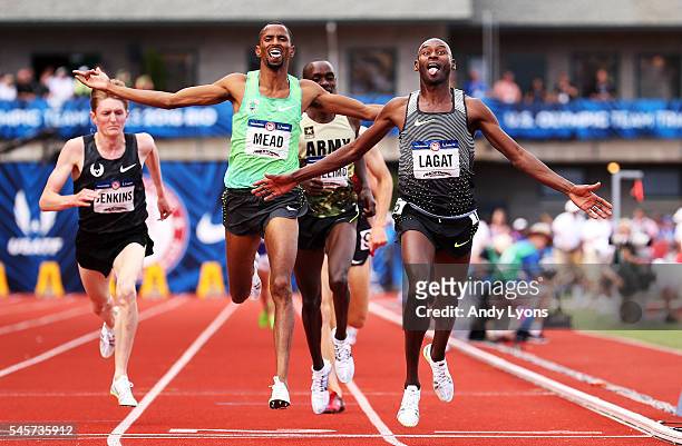 Bernard Lagat, first place, Hassan Mead, second place, and Paul Chelimo, third place, cross the finishline in the Men's 5000 Meter Final during the...