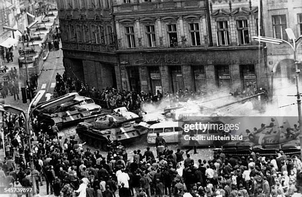 Prague Spring - Suppression Invasion of Czechoslovakia by troops of the Warsaw Pact countries| Soviet tank column in Prague